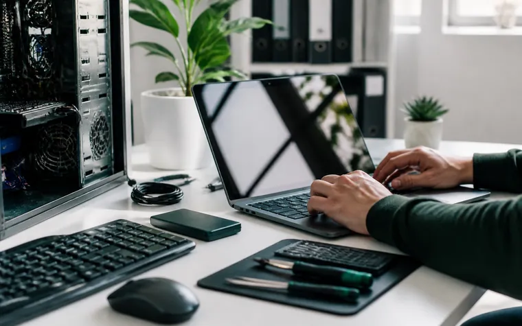 Laptop javítás közben, szerszámokkal és külső merevlemezzel
